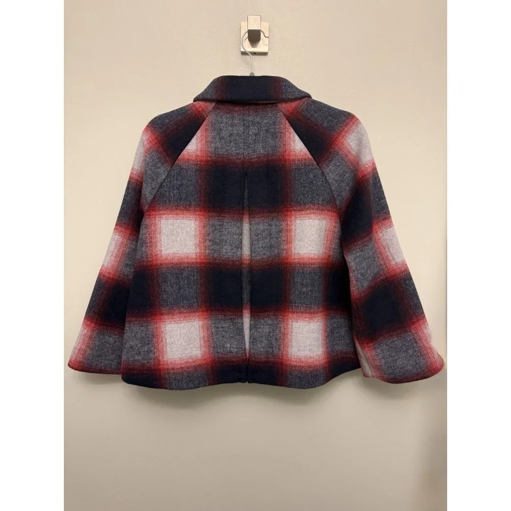 Gap Kids Plaid Pea Coat Girls Large Blue Red Wool Blend‎ Cape Jacket